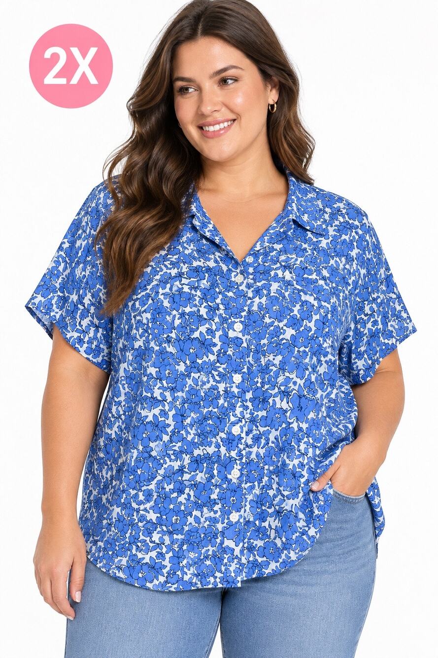 St. John’s Bay Blue & White Floral Button-Up Blouse Size 2X